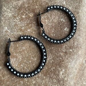 Black and White 1 1/4” Beaded Hoops, New, Handmade by Me